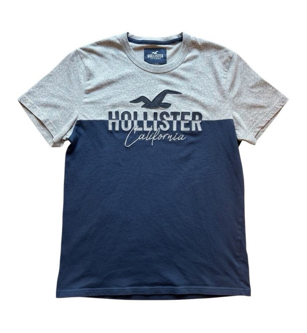 Hollister Men's M Gray/Blue Colorblock Crew Neck Short Sleeve Logo T-Shirt I7